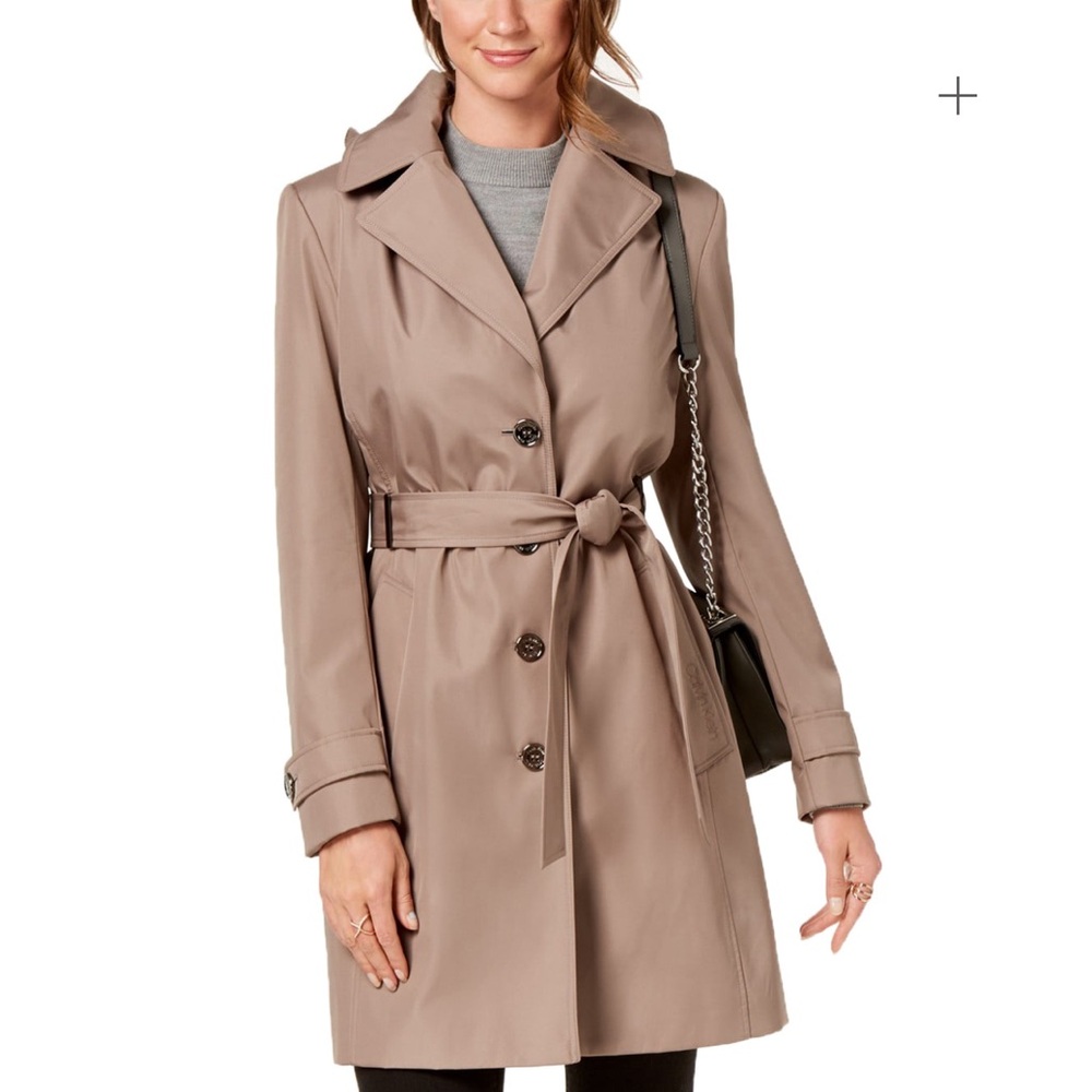 Calvin Klein Women’s Brown Belted Hooded Water Resistant Trench Coat